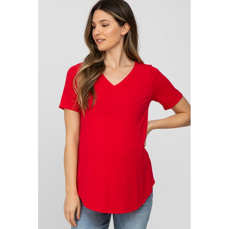Red V-Neck Maternity Short Sleeve Round Hem Top