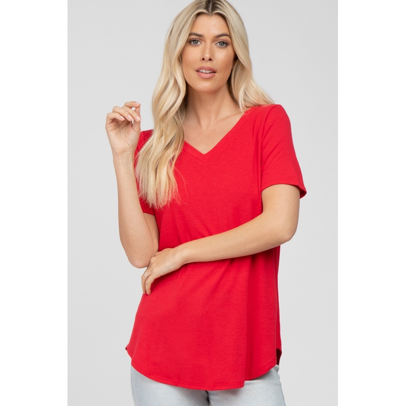 Red V-Neck Short Sleeve Round Hem Top