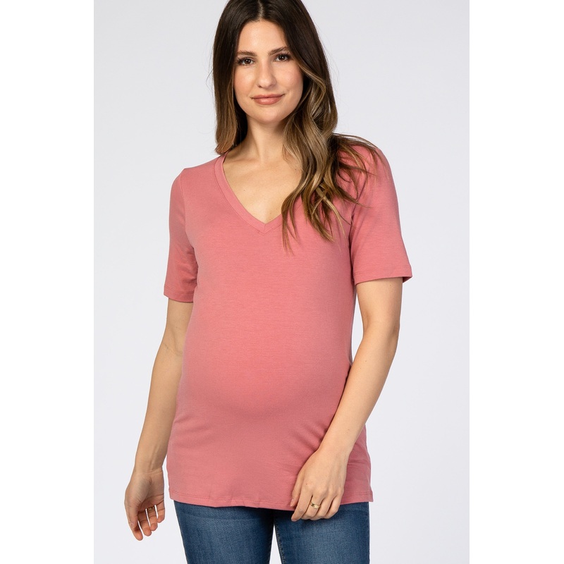 Rose Pink V-Neck Short Sleeve Basic Maternity Top
