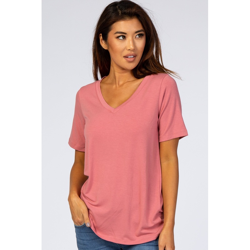 Rose Pink V-Neck Short Sleeve Basic Top