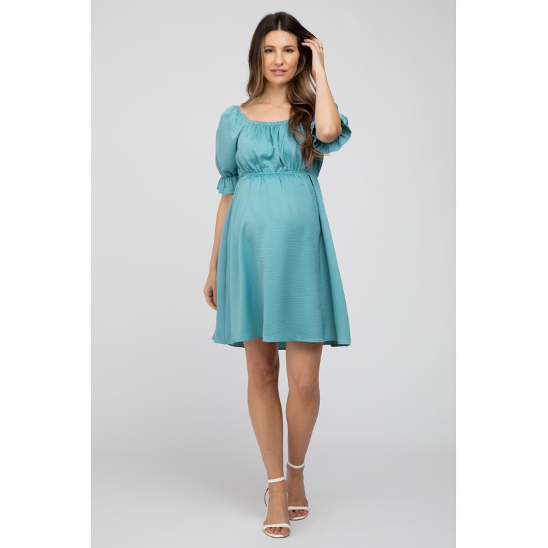 Teal Satin Square Neck Maternity Dress