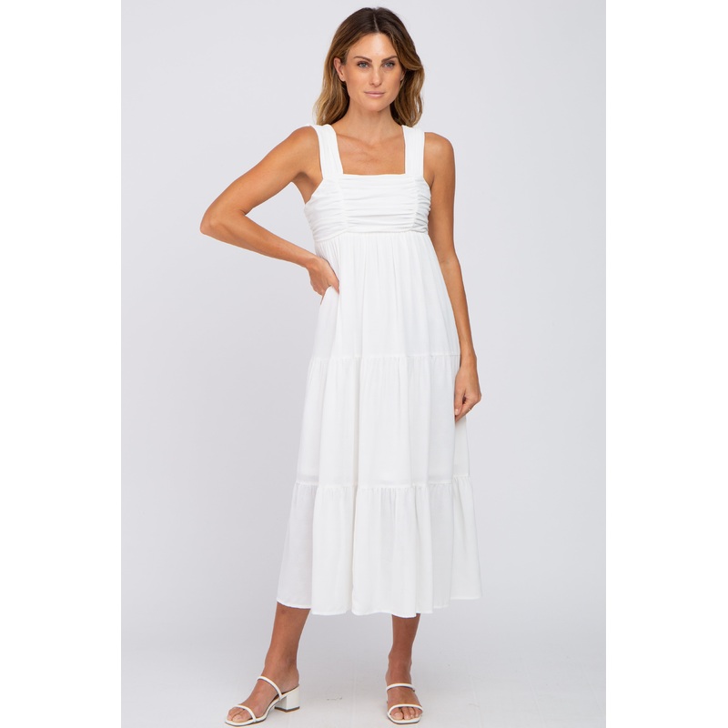 White Ruched Tiered Midi Dress
