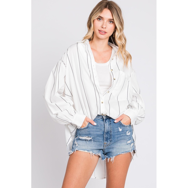 White Striped Puffed Sleeve Blouse