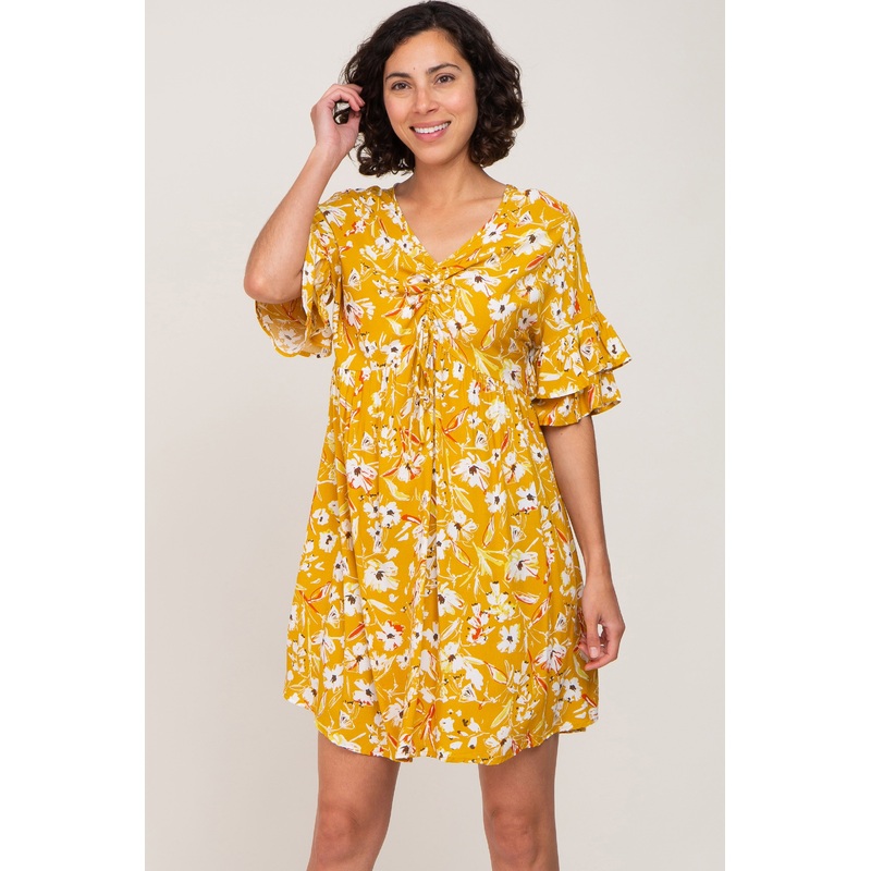 Yellow Floral Cinched Front Dress