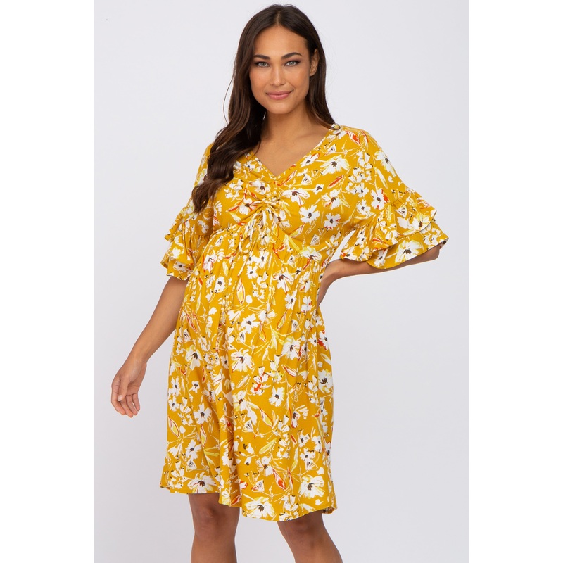 Yellow Floral Cinched Front Maternity Dress