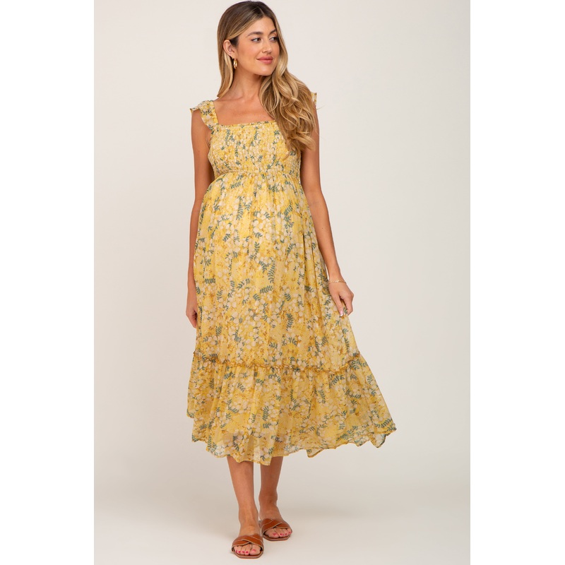 Yellow Floral Smocked Maternity Maxi Dress
