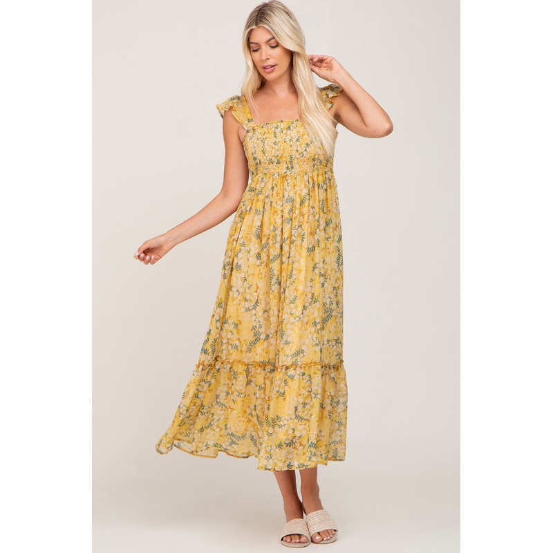 Yellow Floral Smocked Maxi Dress