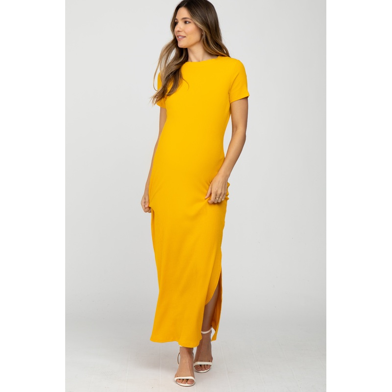 Yellow Ribbed Side Slit Maternity Maxi Dress