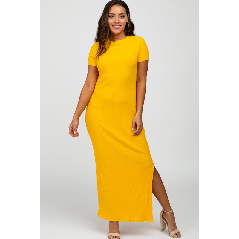 Yellow Ribbed Side Slit Maxi Dress