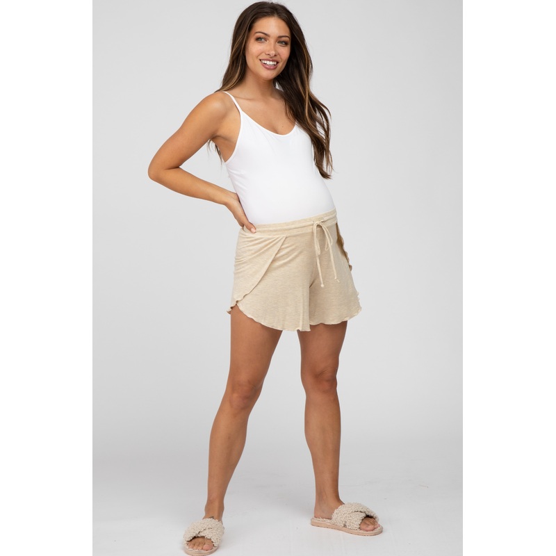 Beige Tulip Drawstring Maternity Lounge Shorts