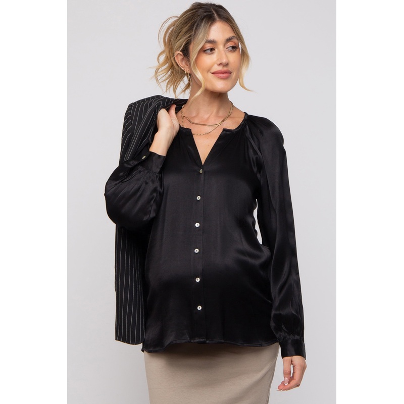 Black Button-Down Long Sleeve Maternity Blouse