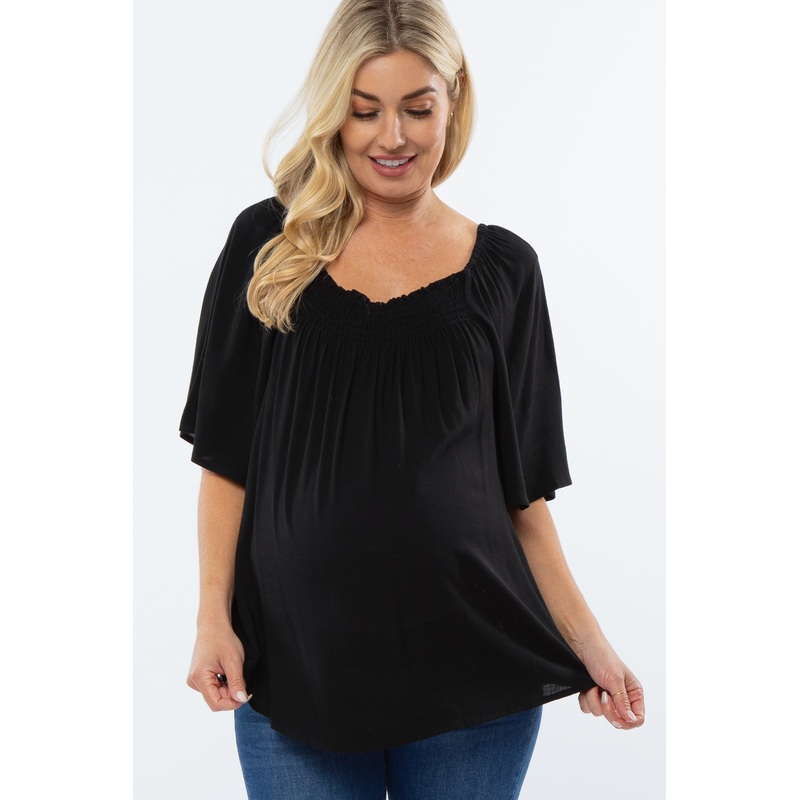 Black Linen Smocked Short Sleeve Maternity Top