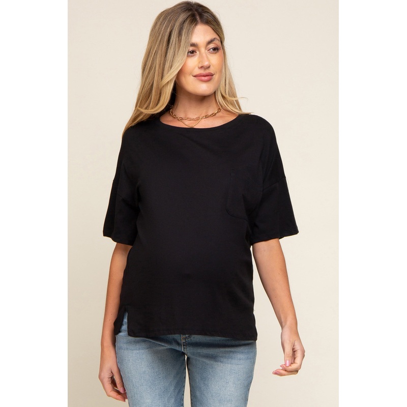 Black Short Sleeve Pocketed Maternity Top
