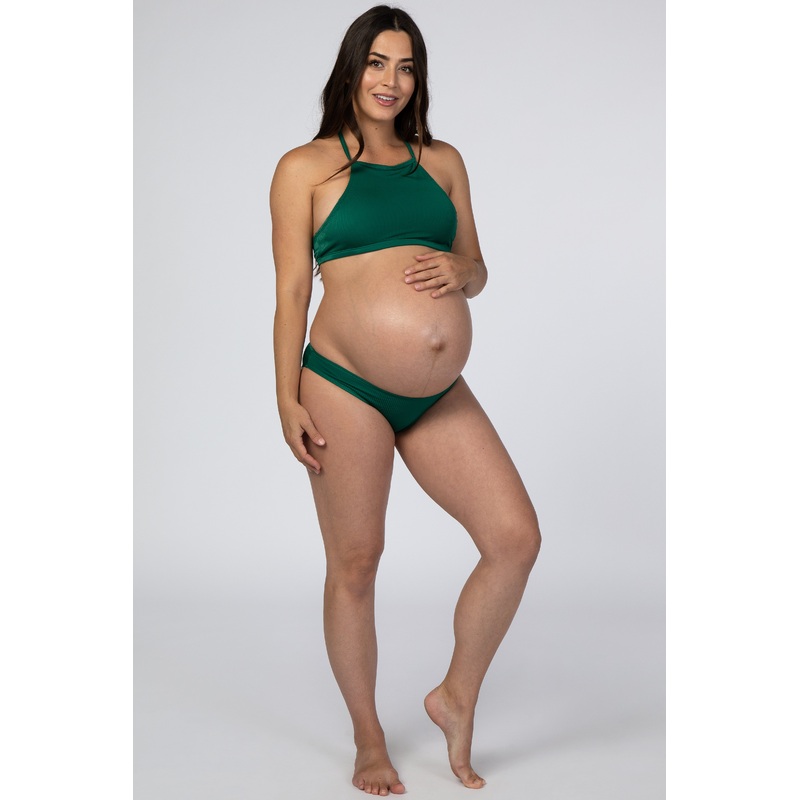 Green High Neck Ribbed Halter Maternity Bikini Set