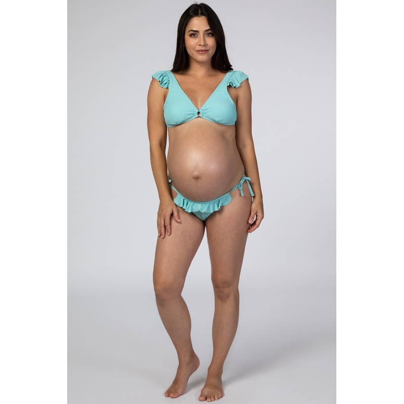 Light Blue Ribbed Ruffle Trim Bikini Maternity Set