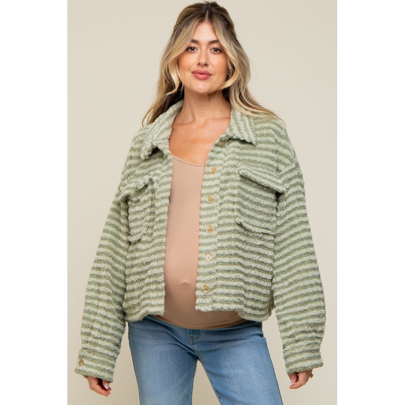 Light Olive Fuzzy Front Pocket Maternity Jacket