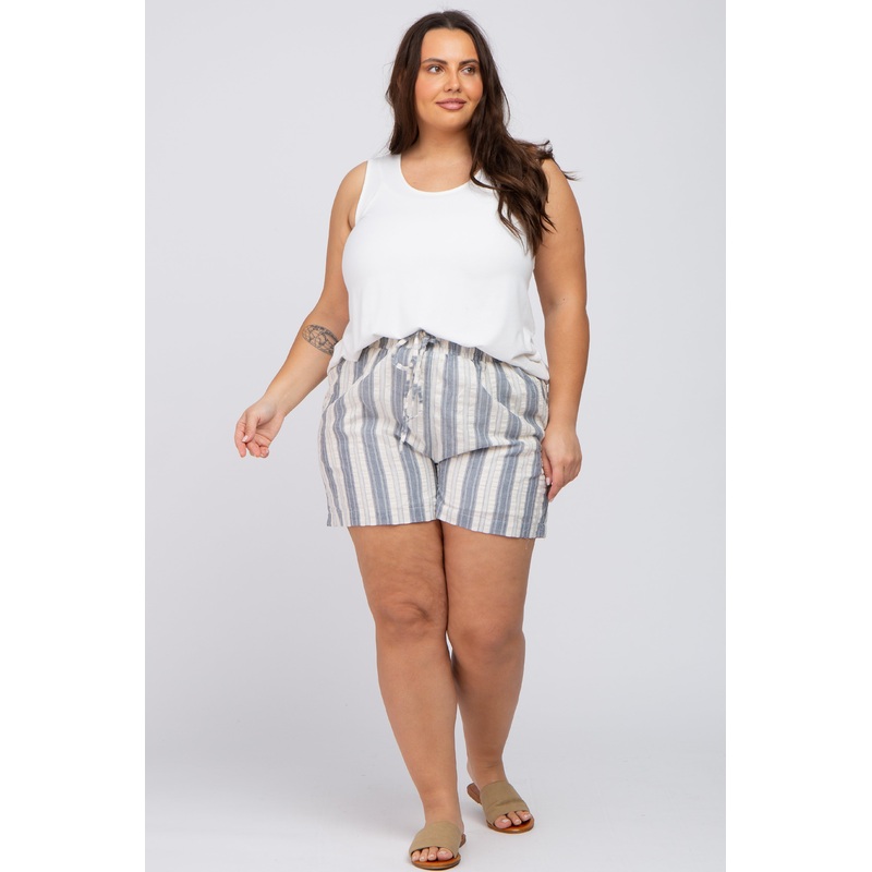 Navy Blue Striped Drawstring Plus Shorts