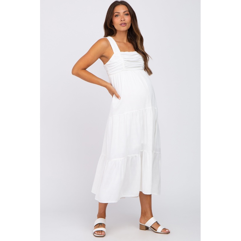 White Ruched Tiered Maternity Midi Dress