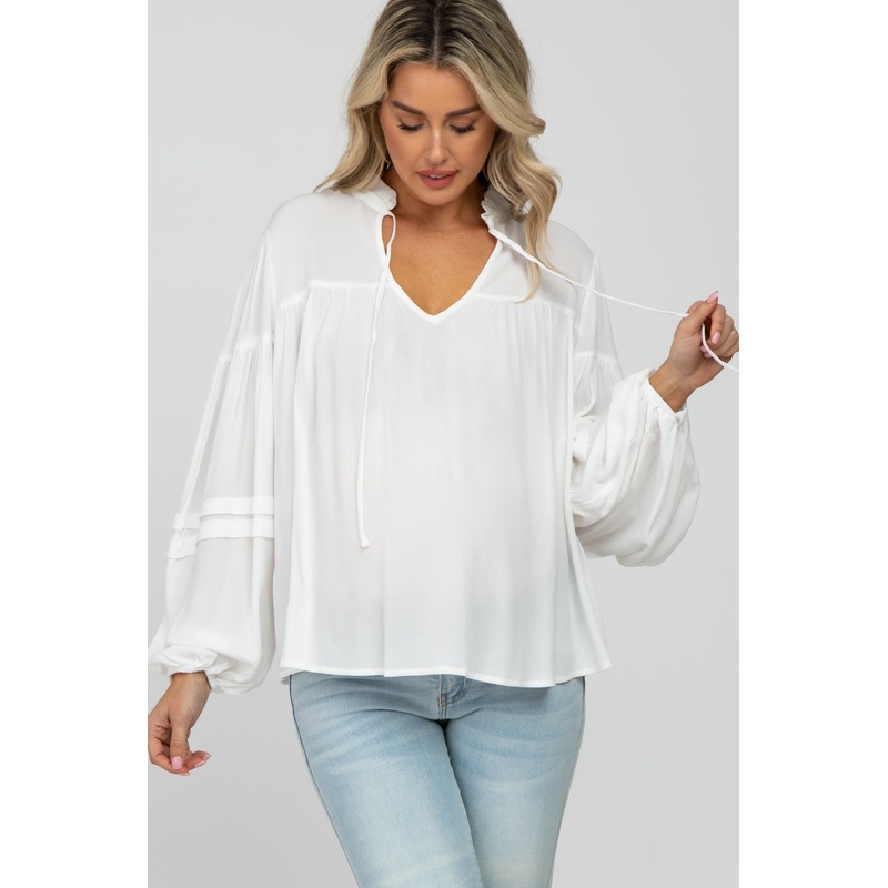 White Ruffle Neck Pintuck Balloon Sleeve Maternity Top