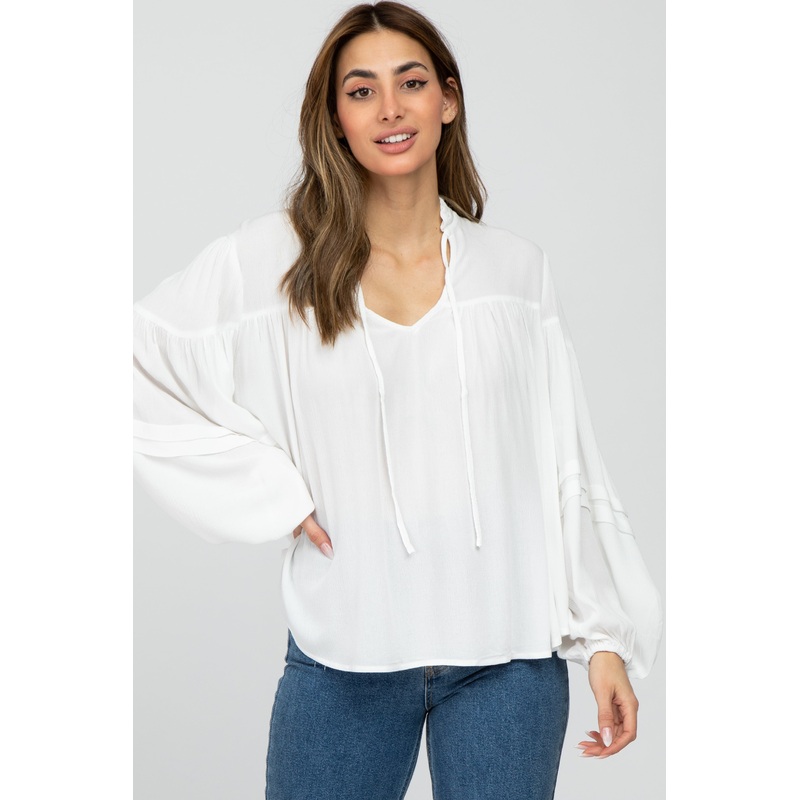 White Ruffle Neck Pintuck Balloon Sleeve Top