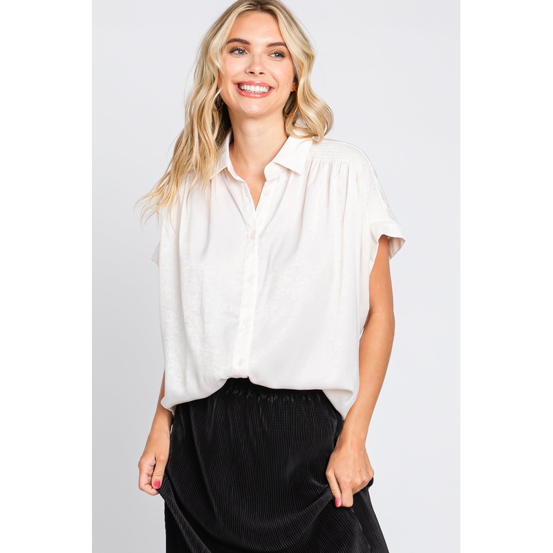 White Satin Button Front Collared Short Sleeve Top