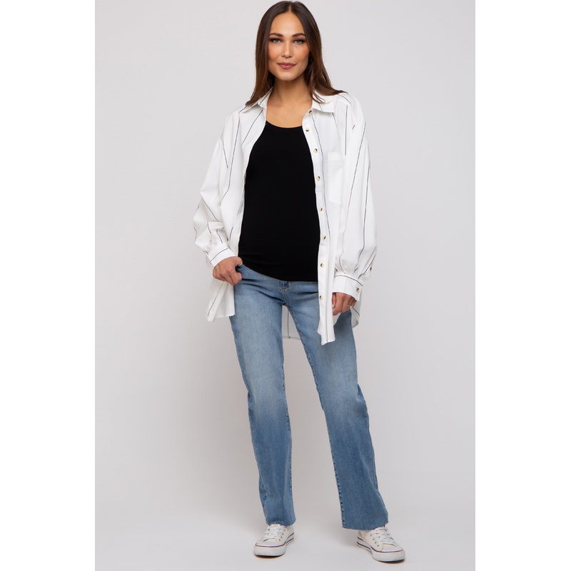 White Striped Puffed Sleeve Maternity Blouse
