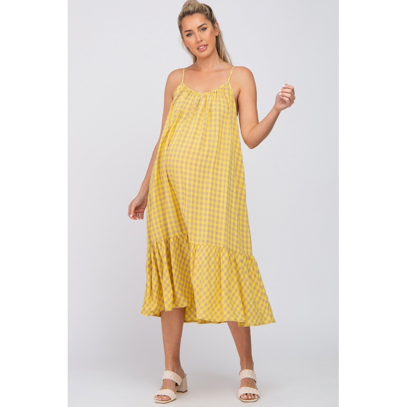 Yellow Gingham Ruffle Hem Maternity Midi Dress