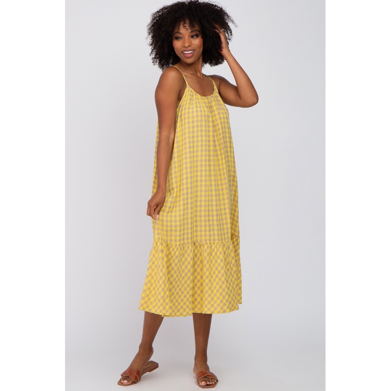 Yellow Gingham Ruffle Hem Midi Dress
