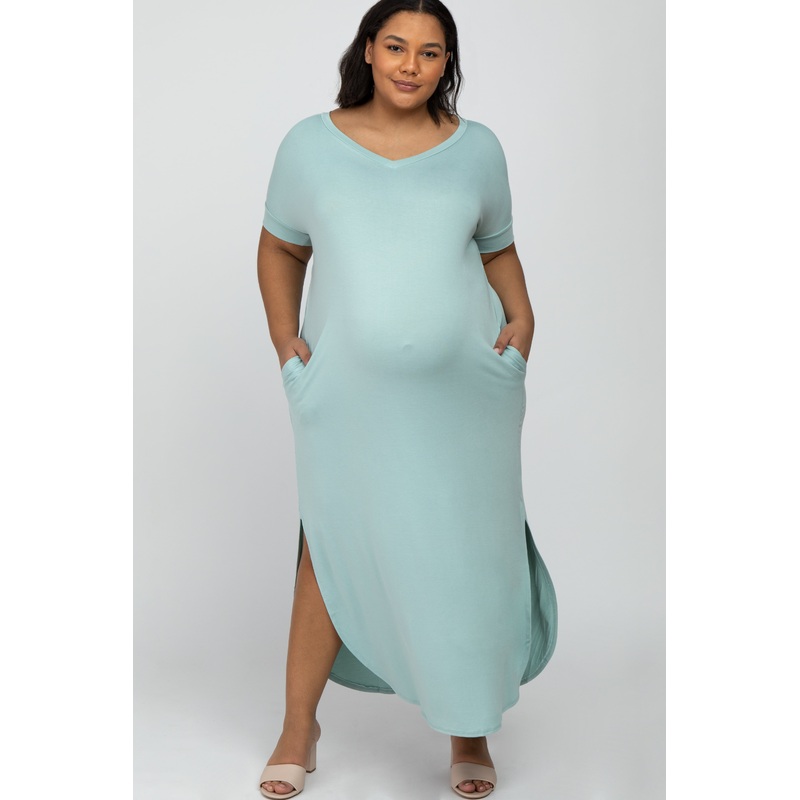 Aqua Side Slit Maternity Plus Maxi Dress