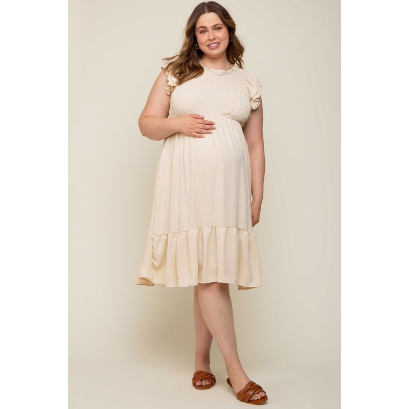 Beige Smocked Layered Ruffle Flutter Sleeve Maternity Plus Midi Dress