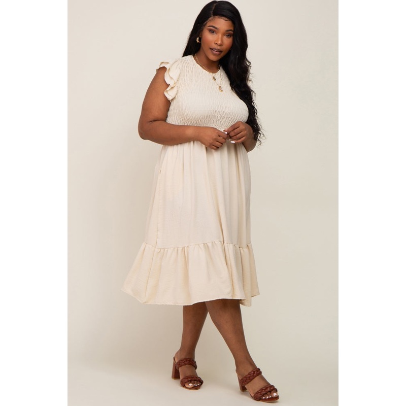 Beige Smocked Layered Ruffle Flutter Sleeve Plus Midi Dress