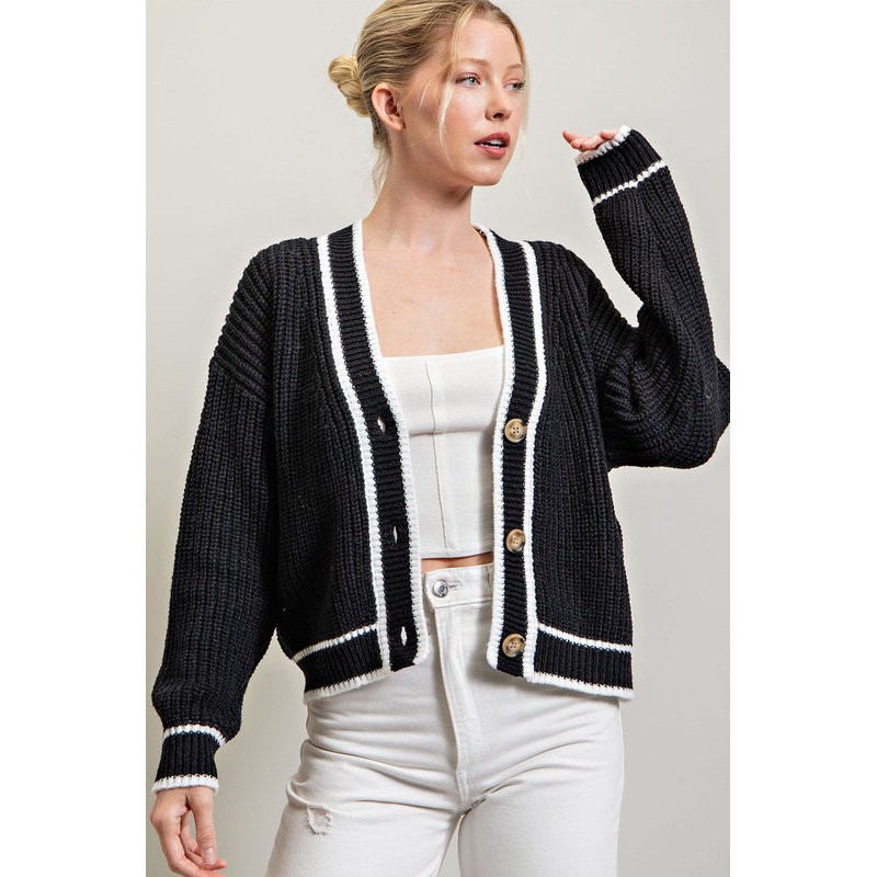 Black Contrast Knit Cardigan