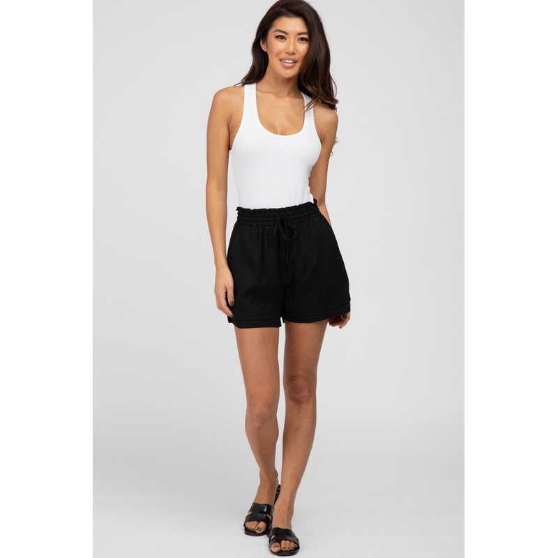 Black Waist Tie Linen Shorts