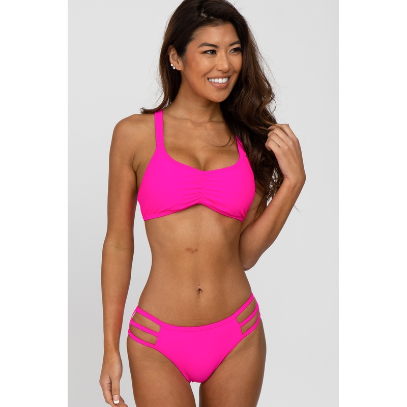 Fuchsia Strappy Ruched Front Two-Piece Bikini Set
