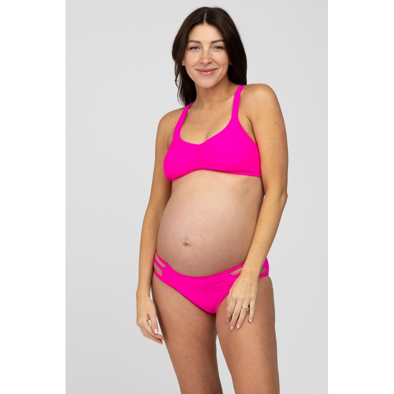 Fuchsia Strappy Ruched Front Two-Piece Maternity Bikini Set