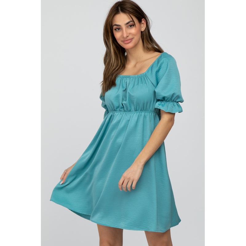 Teal Satin Square Neck Dress
