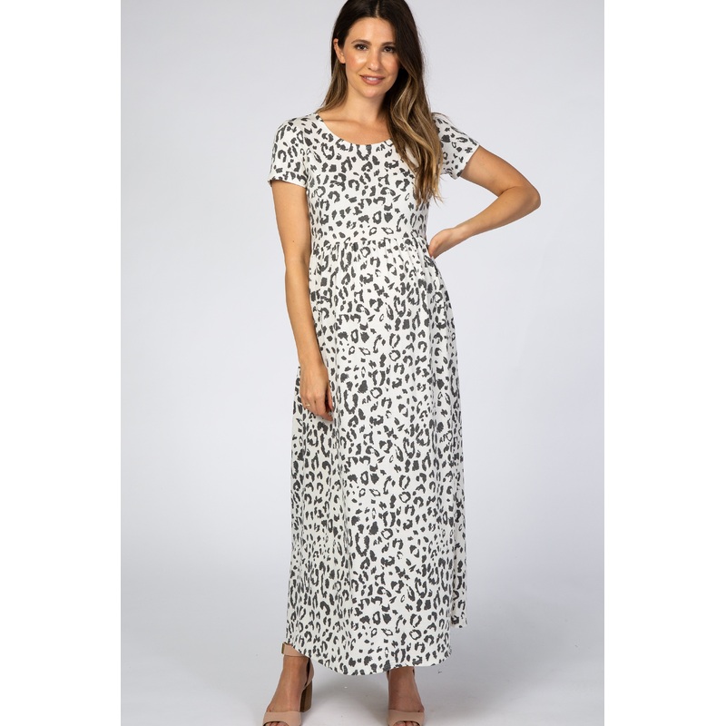 White Animal Print Short Sleeve Maternity Maxi Dress