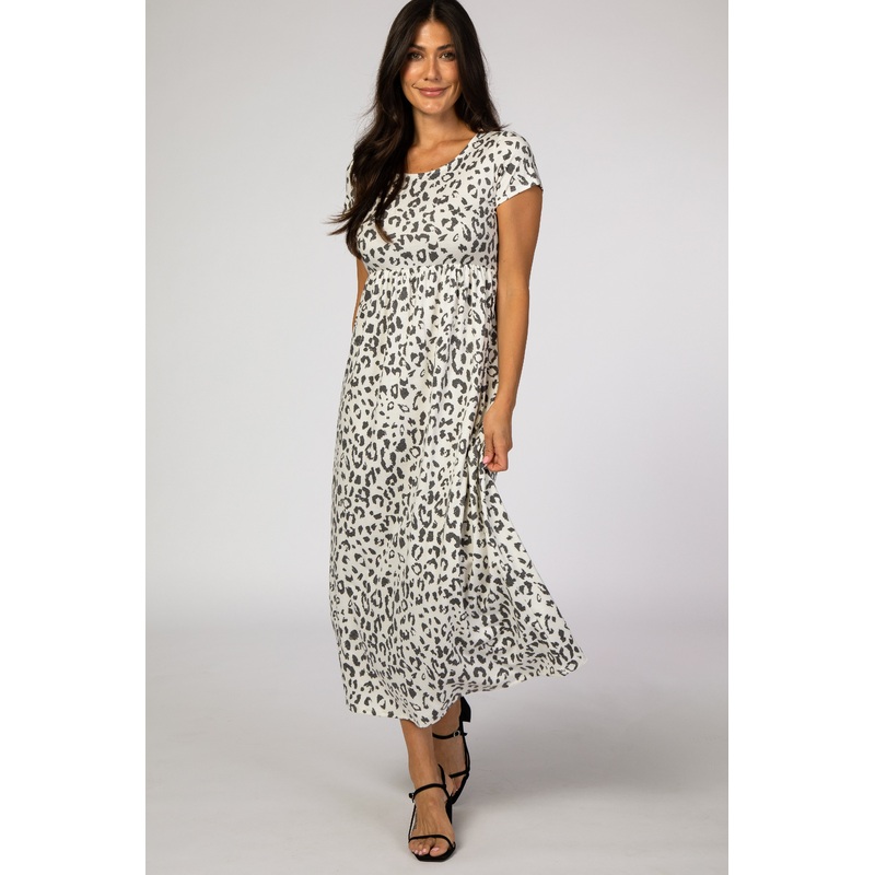 White Animal Print Short Sleeve Maxi Dress