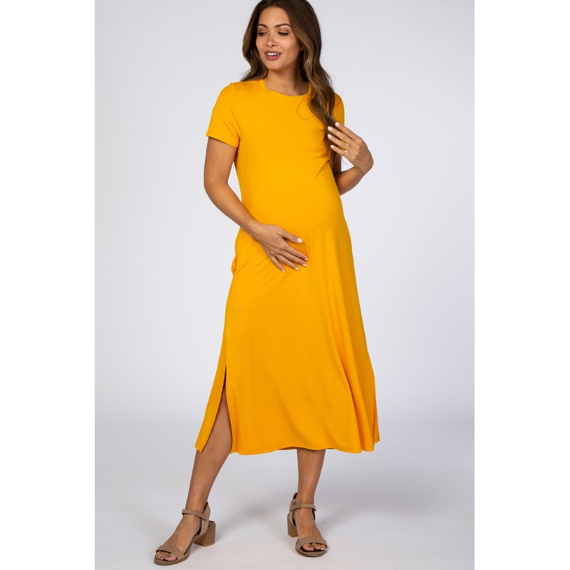 Yellow Side Slit Maternity Midi Dress
