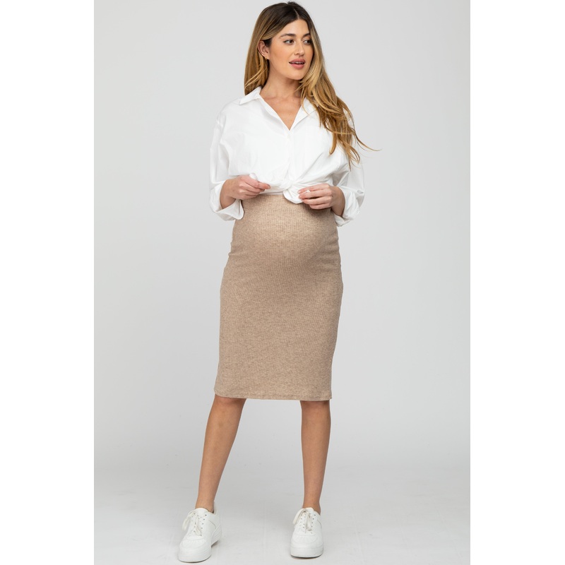 Beige Ribbed Back Slit Maternity Pencil Skirt