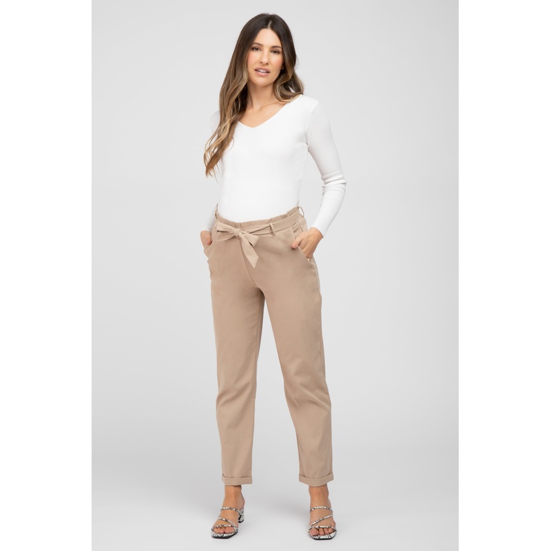 Beige Waist Tie Cuffed Maternity Pants