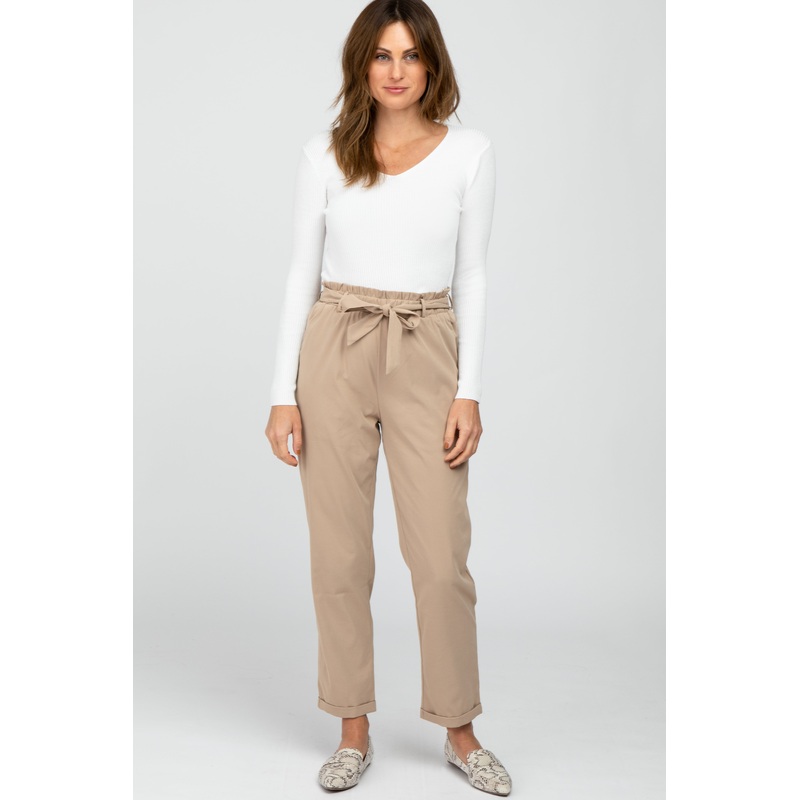 Beige Waist Tie Cuffed Pants