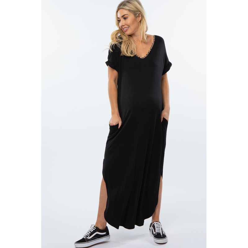 Black Animal Print Trim Caged Back Maternity Maxi Dress