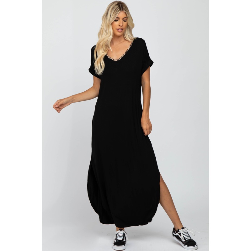 Black Animal Print Trim Caged Back Maxi Dress