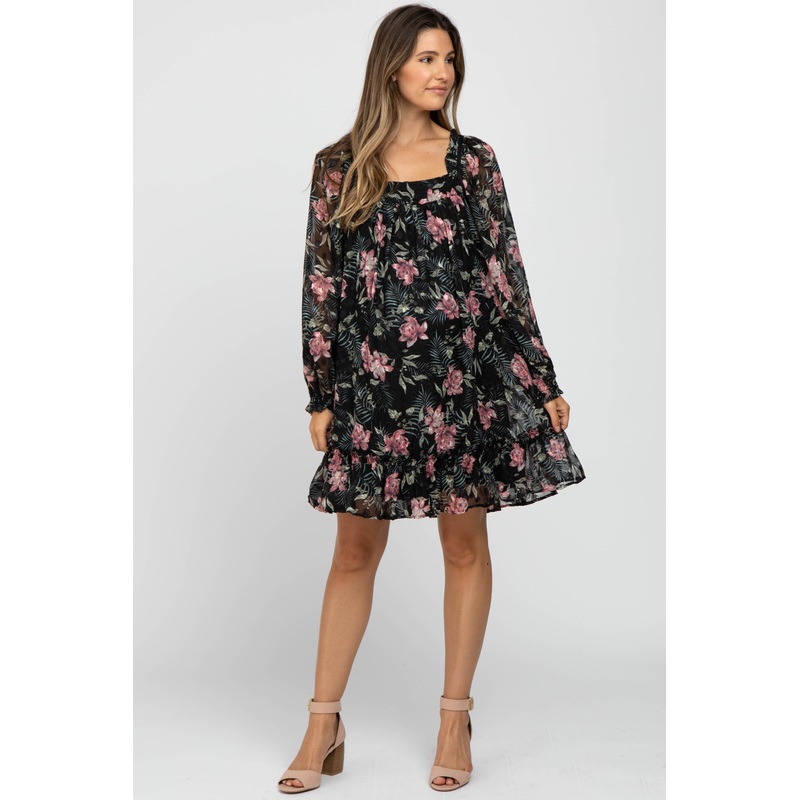 Black Chiffon Floral Square Ruffle Neck Maternity Dress