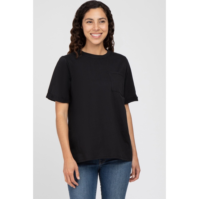 Black Oversized Pocket Front Short Sleeve Top