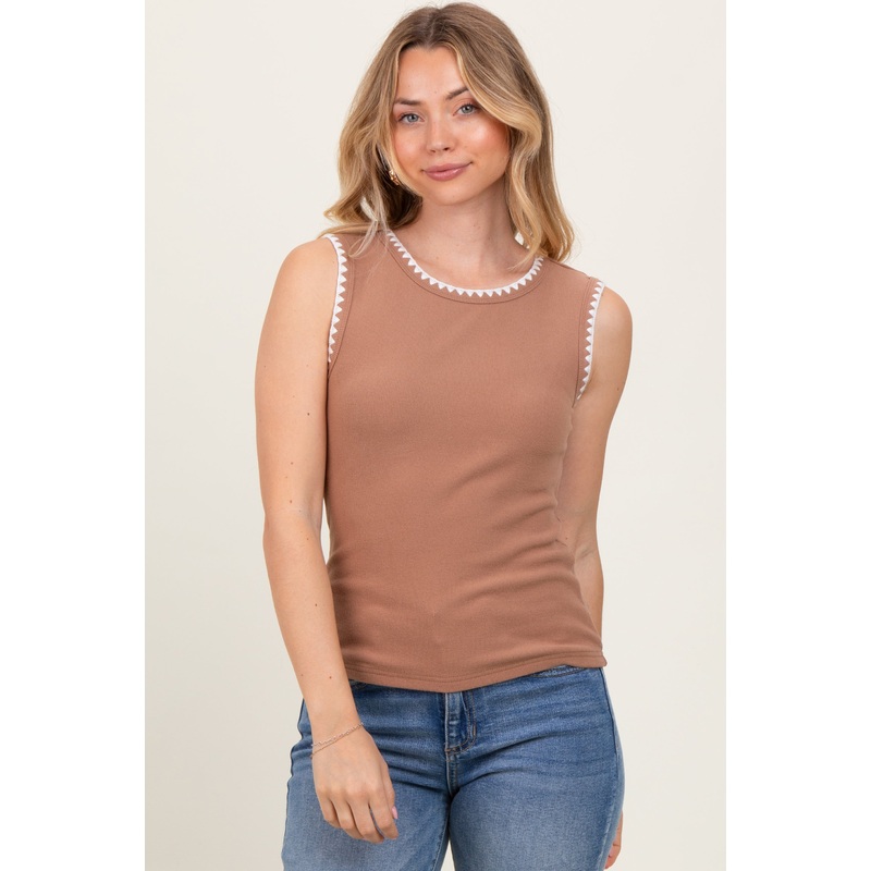Black Ribbed Contrast Embroidered Sleeveless Top