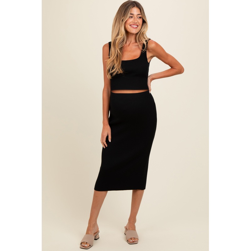 Black Ribbed Square Neck Sleeveless Crop Maternity Skirt Set