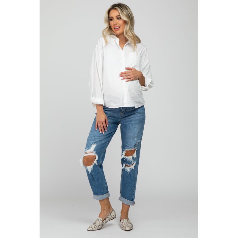 Blue Distressed Cuffed Maternity Jeans