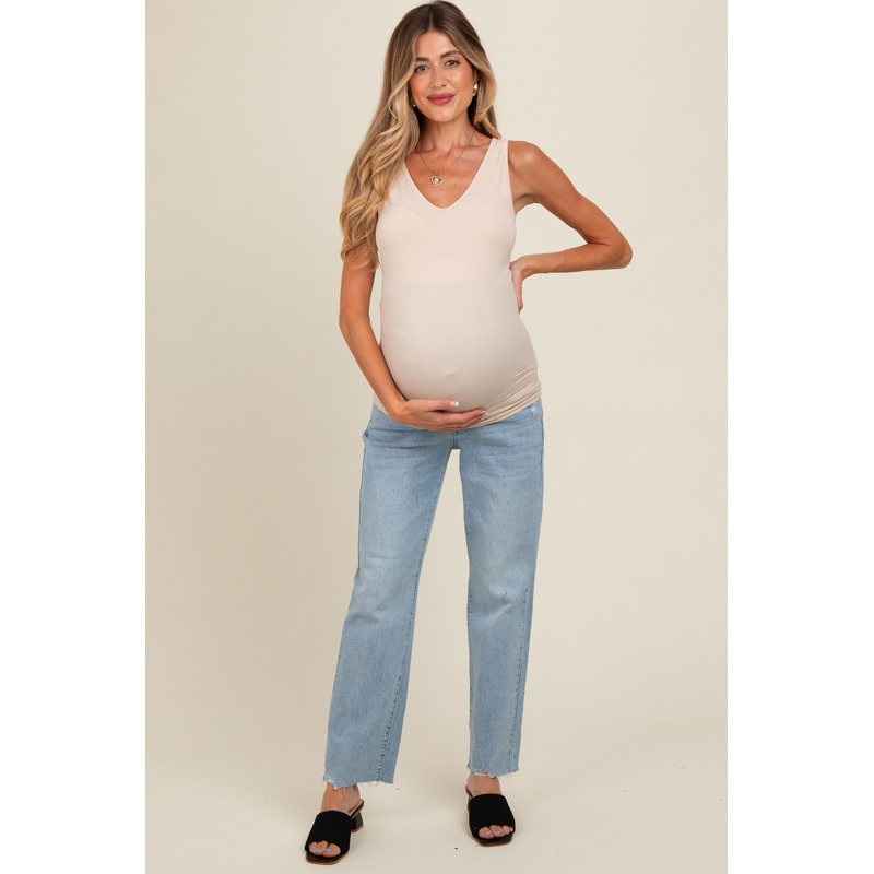 Light Blue Distressed Raw Hem Maternity Straight Leg Jeans